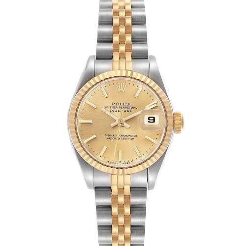The Rolex Datejust 69173 Women's Steel and Gold (two tone) Champagne Dial 69173 Women's Steel and Gold (two tone) Champagne Dial is shown from a front angle, highlighting its gold and silver bracelet, fluted bezel, and date display.