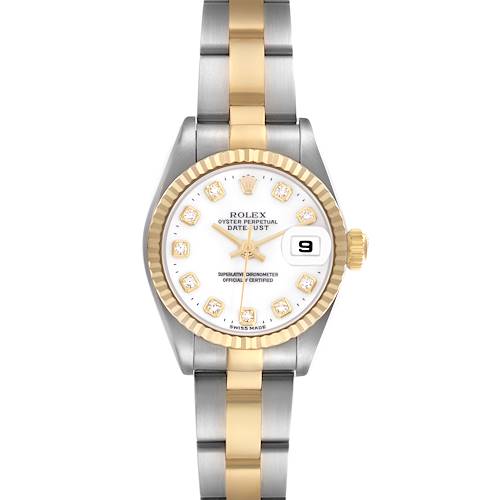 The Rolex Datejust 79173 Women's Steel and Gold (two tone) White Dial 79173 Women's Steel and Gold (two tone) White Dial watch is shown from the front, displaying its dial, bezel, and two-tone bracelet.