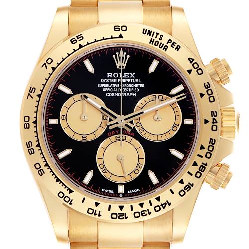 The Rolex Daytona 126508 Men's Yellow Gold Black Dial 126508 Men's Yellow Gold Black Dial watch is shown from a front angle, highlighting the face, bezel, and bracelet.