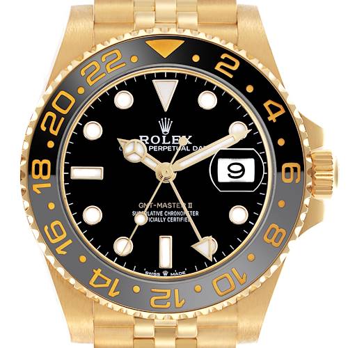 The Rolex GMT-Master 126718GRNR Men's Yellow Gold Black Dial 126718GRNR Men's Yellow Gold Black Dial watch is shown from the front, highlighting the dial, bezel, hands, and bracelet.
