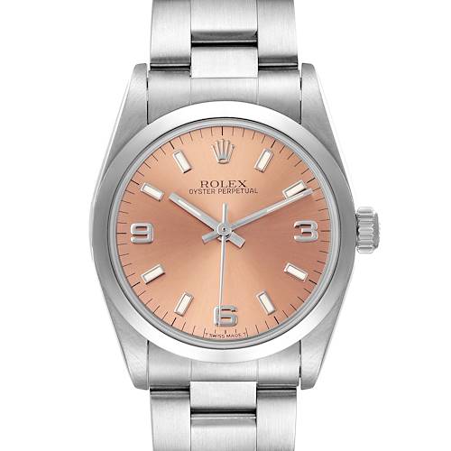 This is a Rolex Mid-Size 67480 Women's Stainless Steel Pink Dial 67480 Women's Stainless Steel Pink Dial Oyster Perpetual watch shown in a front-facing angle, highlighting the dial, hands, case, and part of the bracelet.