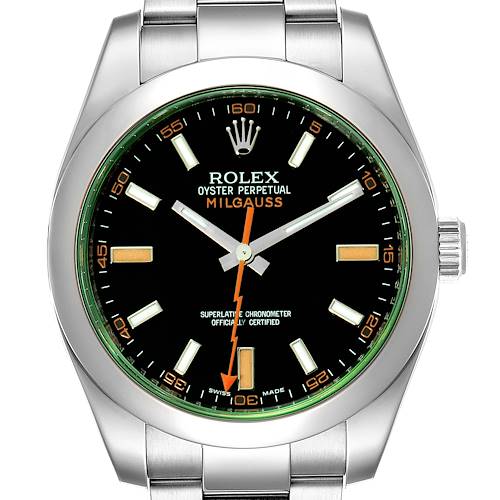 The image shows a front view of the Rolex Milgauss 116400V Men's Stainless Steel Black Dial 116400V Men's Stainless Steel Black Dial watch, highlighting its face, markers, and metal bracelet.