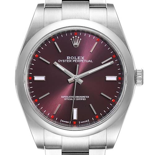 The Rolex Oyster Perpetual 114300 Men's Stainless Steel Burgundy Dial 114300 Men's Stainless Steel Burgundy Dial watch is shown from a front angle, displaying its dial, case, and part of its bracelet.