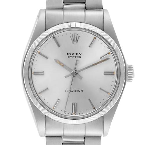 The image shows a front view of a Rolex Vintage Collection 6427 Men's Stainless Steel Silver Dial 6427 Men's Stainless Steel Silver Dial, highlighting the dial, hands, bezel, and part of the bracelet.