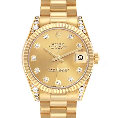 The Rolex President 178238G Women's Yellow Gold Champagne Dial 178238G Women's Yellow Gold Champagne Dial model watch is shown face-up, highlighting the dial, diamond hour markers, and the bracelet.