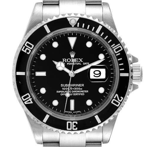 The image shows a front view of the Rolex Submariner 16610 Men's Stainless Steel Black Dial 16610 Men's Stainless Steel Black Dial watch, highlighting its black dial, bezel, and the date display at 3 o'clock.