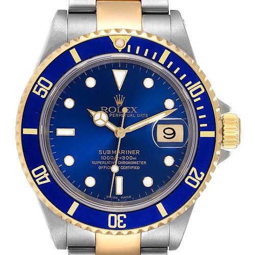 The image shows a front view of a Rolex Submariner 16613 Men's Steel and Gold (two tone) Blue Dial 16613 Men's Steel and Gold (two tone) Blue Dial watch with a blue and gold bezel and a blue dial.
