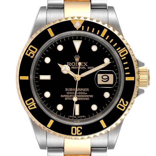 The image shows a front view of a Rolex Submariner 16613 Men's Steel and Gold (two tone) Black Dial 16613 Men's Steel and Gold (two tone) Black Dial watch displaying the dial, bezel, hands, and part of the bracelet.