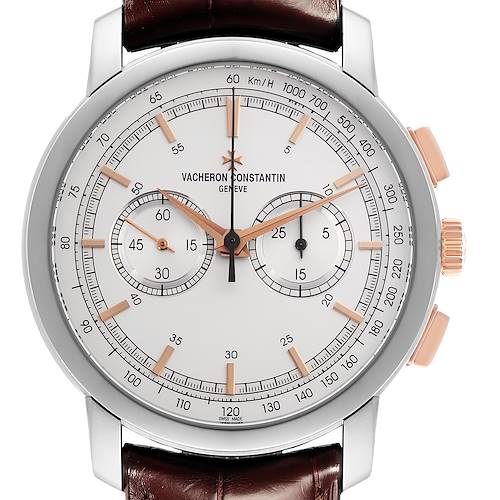 The Vacheron Constantin Traditionnelle 47192/000B-9828 Men's White Gold Silver Dial 47192/000B-9828 Men's White Gold Silver Dial watch is shown from the front, highlighting its dial, subdials, bezel, and crown.