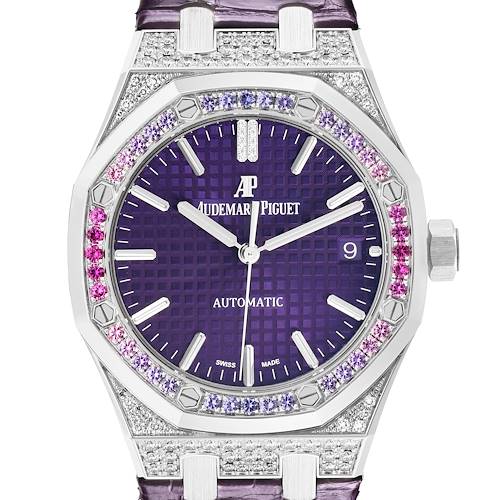 This image shows a front view of the Audemars Piguet Royal Oak 15452BC.ZY.D600CR.01 Women's White Gold Purple Dial 15452BC.ZY.D600CR.01 Women's White Gold Purple Dial, highlighting its purple dial and jeweled bezel.