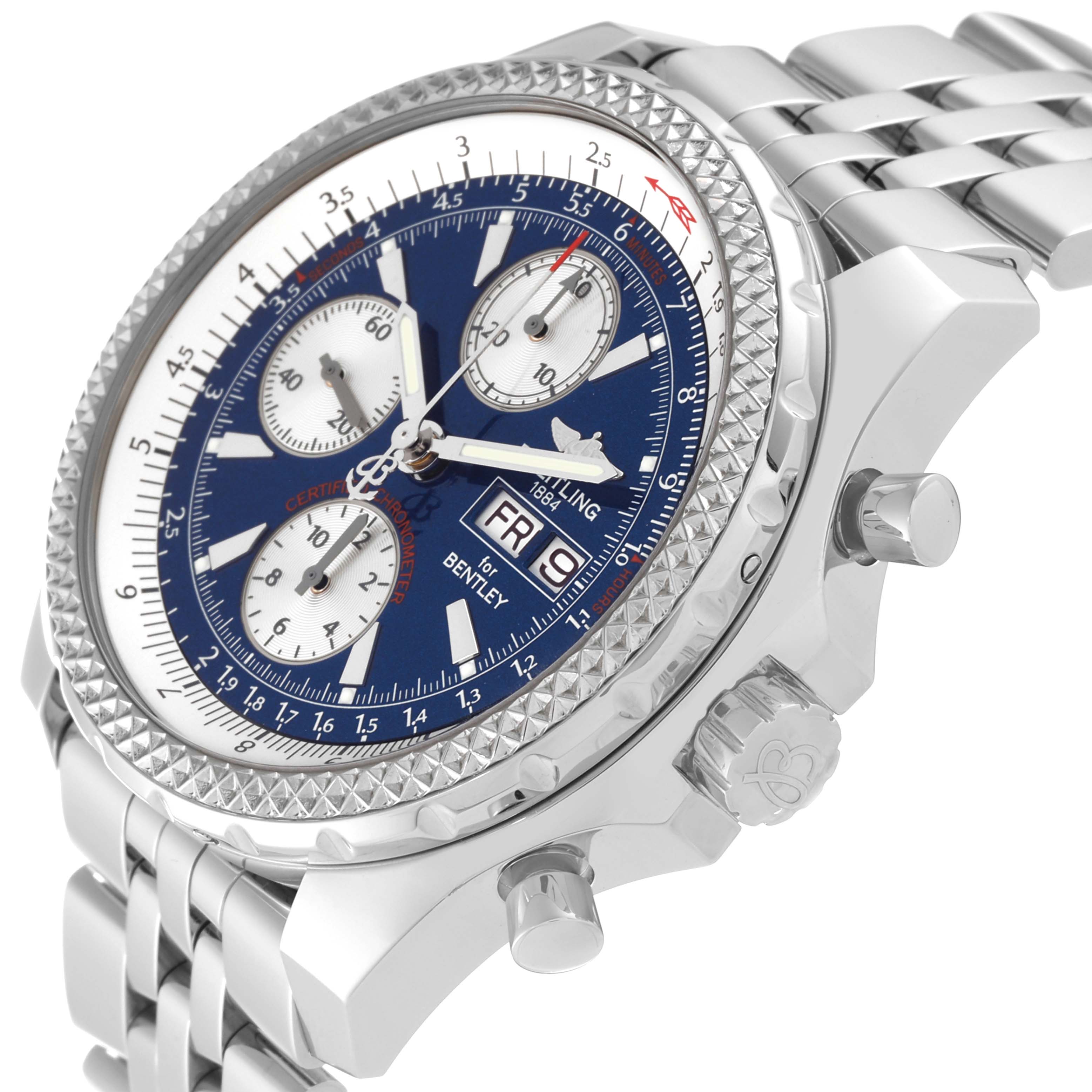 The Breitling Bentley A13362 Men's Stainless Steel Blue Dial A13362 Men's Stainless Steel Blue Dial watch is shown at a right-side angle, highlighting the bezel, crown, pushers, and part of the bracelet.