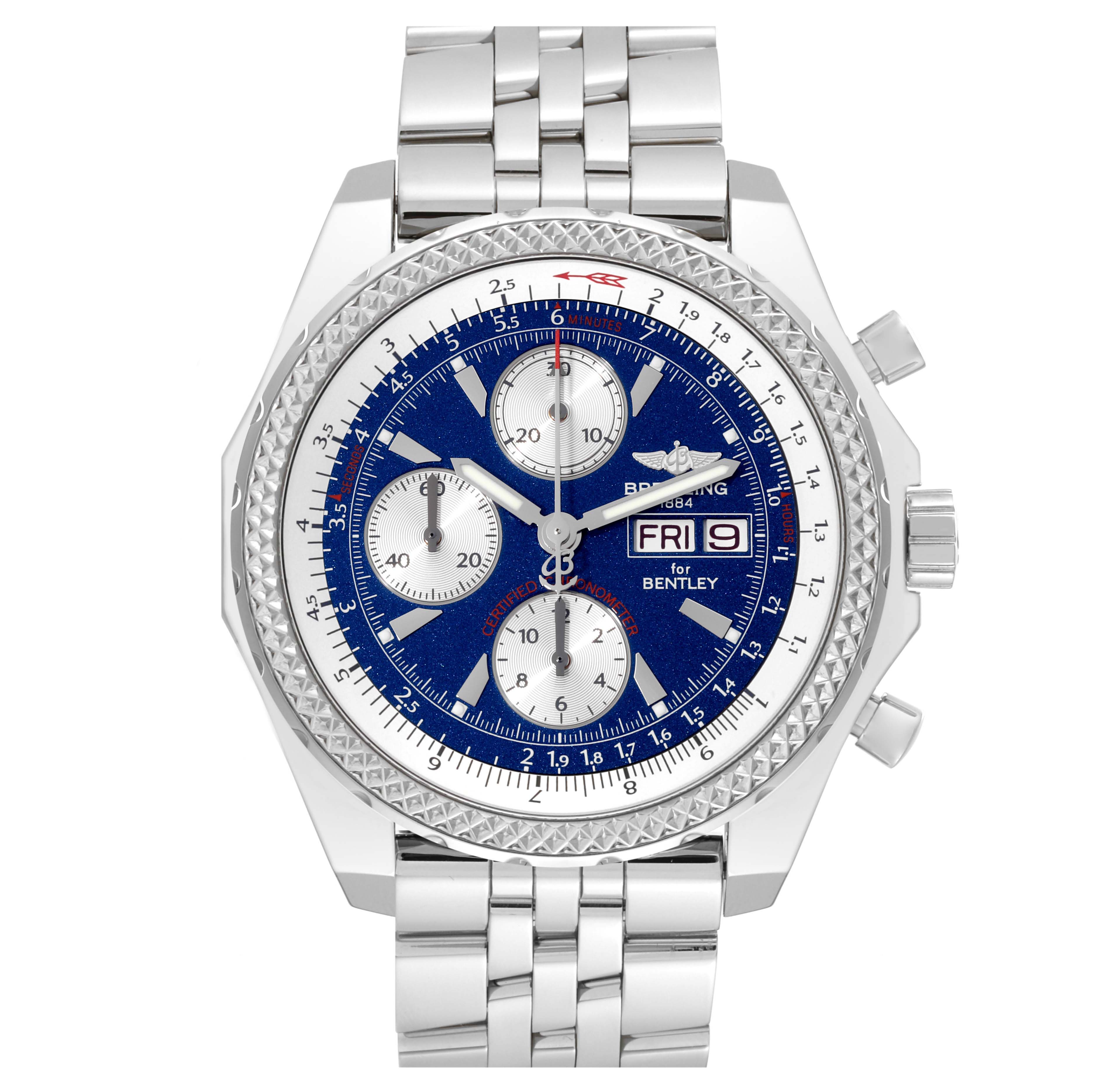 The image shows a frontal view of the Breitling Bentley A13362 Men's Stainless Steel Blue Dial A13362 Men's Stainless Steel Blue Dial watch, highlighting its blue dial, chronograph sub-dials, and metal bracelet.
