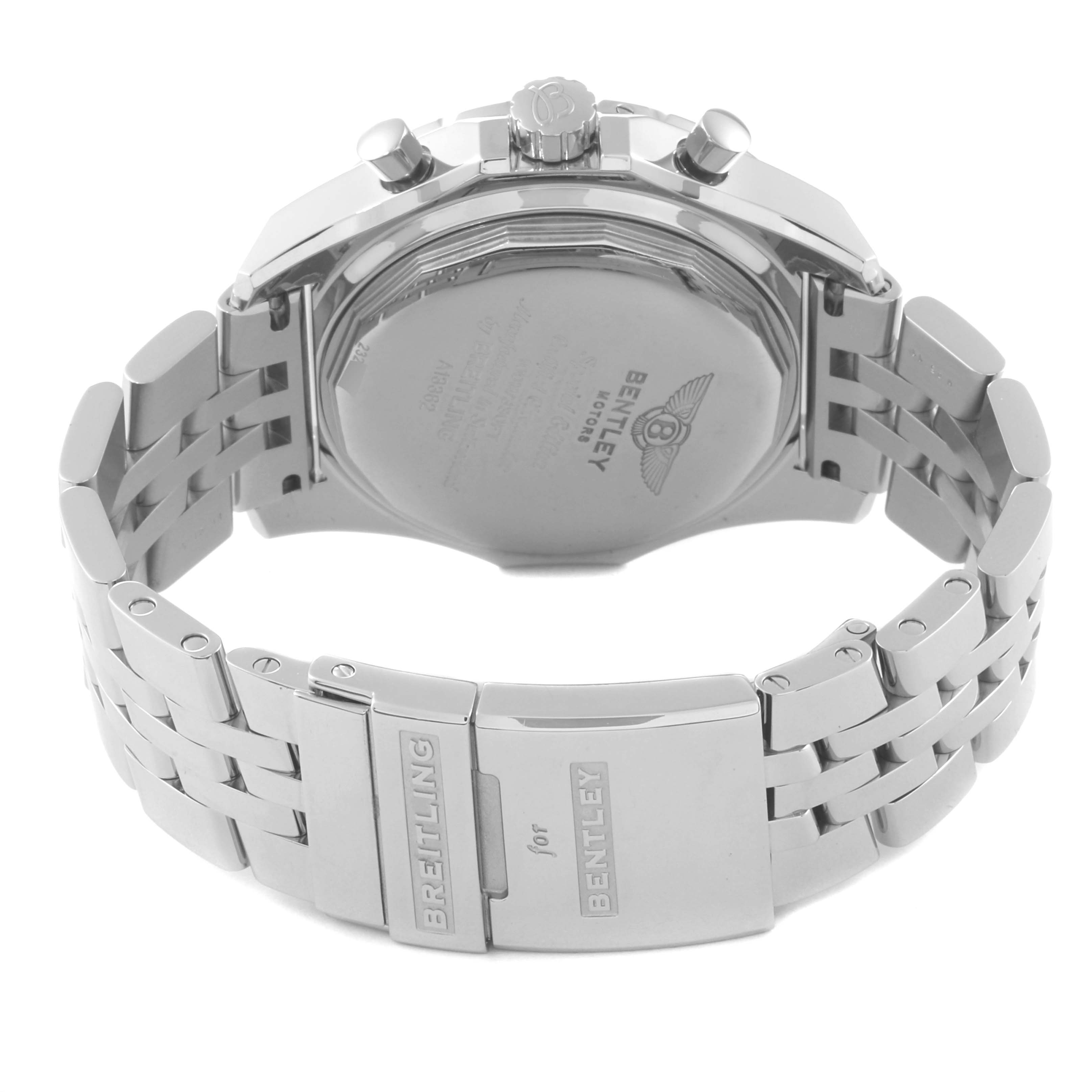 The image shows the back view of the Breitling Bentley A13362 Men's Stainless Steel Blue Dial A13362 Men's Stainless Steel Blue Dial model watch, highlighting the clasp and metal bracelet.