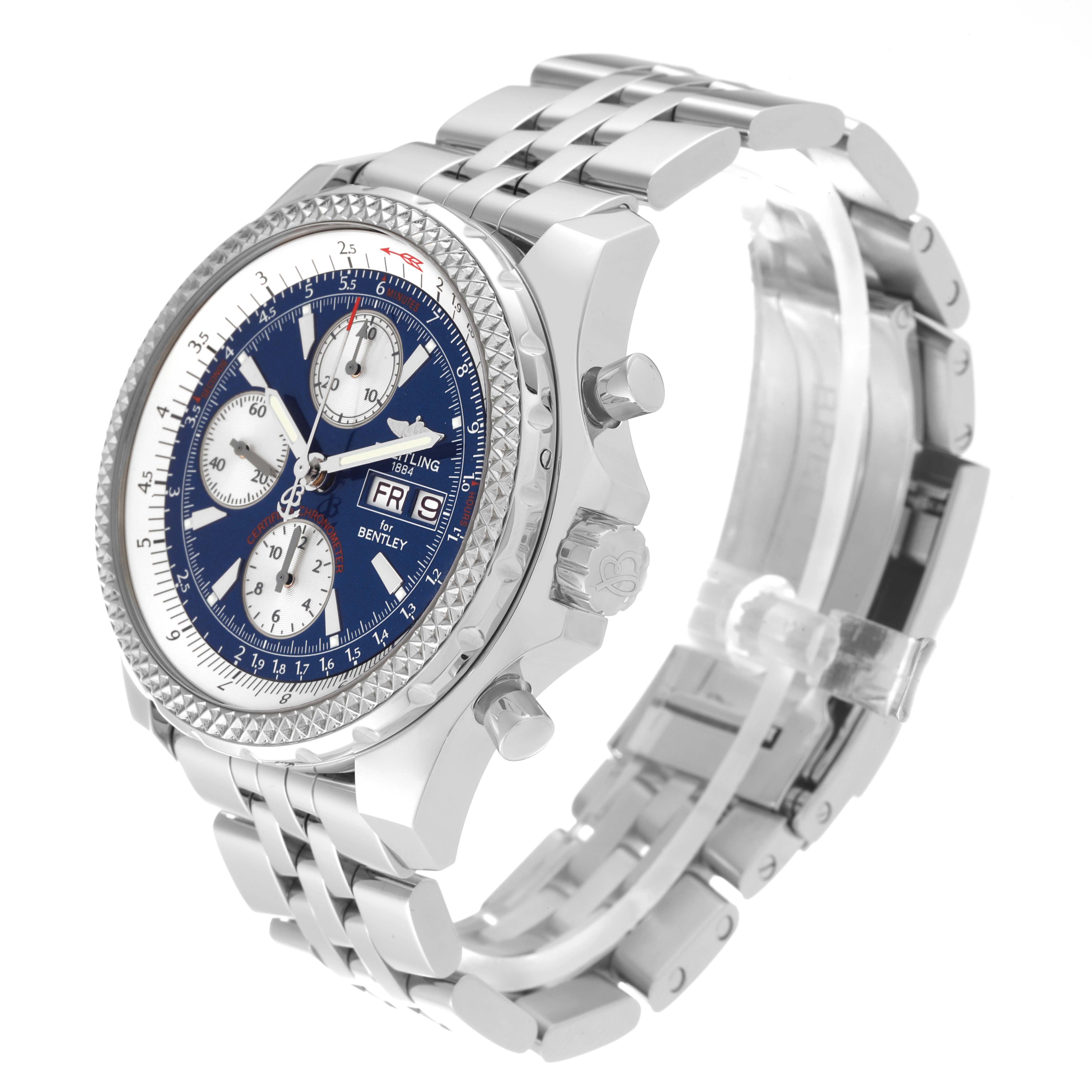 The image shows a Breitling Bentley A13362 Men's Stainless Steel Blue Dial A13362 Men's Stainless Steel Blue Dial model watch at a three-quarter angle, displaying its face, side buttons, and metal strap.