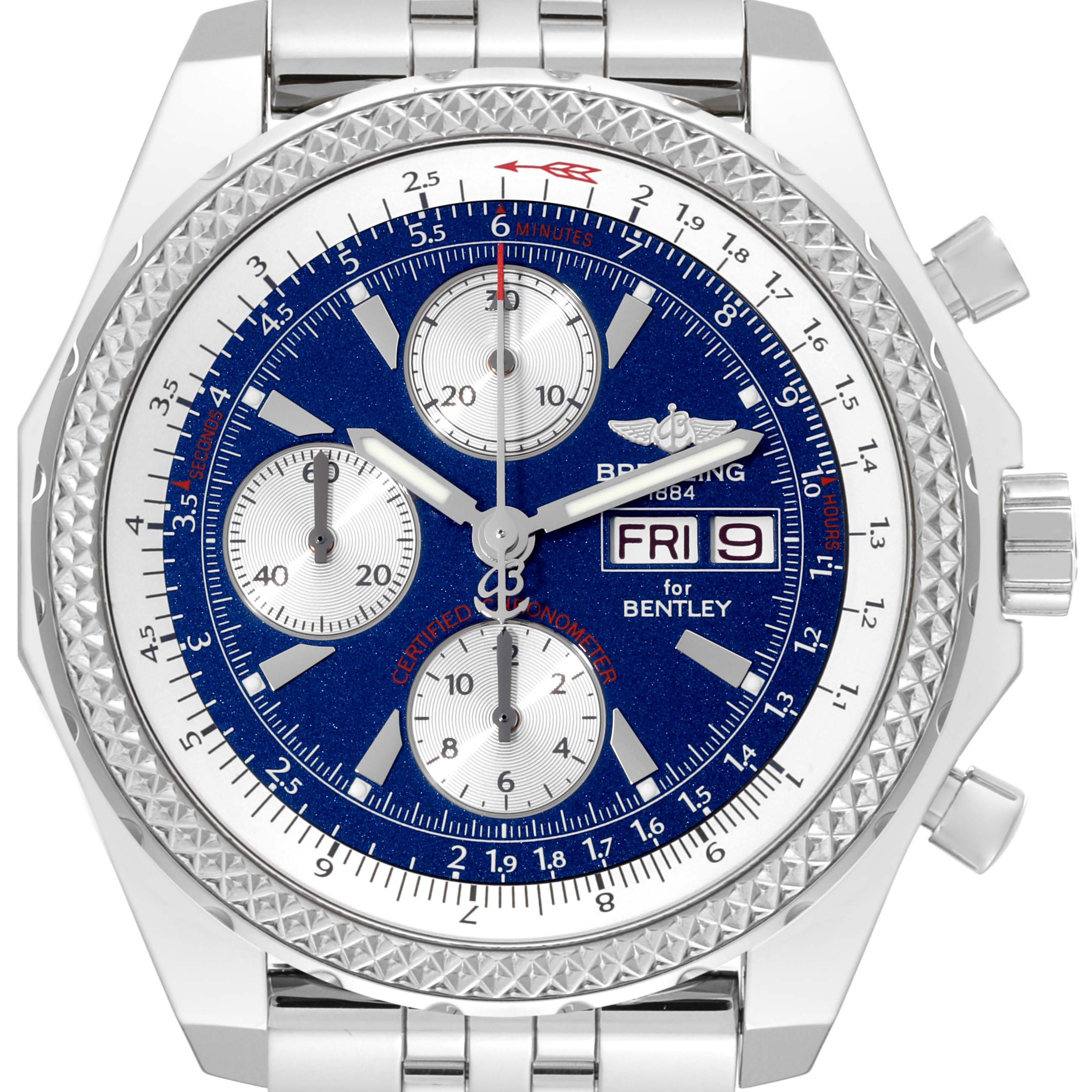 The image shows the front view of a Breitling Bentley A13362 Men's Stainless Steel Blue Dial A13362 Men's Stainless Steel Blue Dial model watch with a metal bracelet and three subdials.