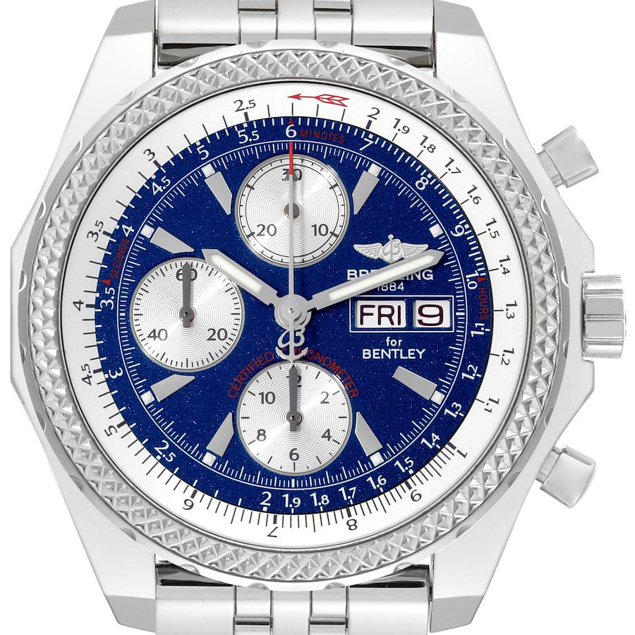 The image shows the front view of a Breitling Bentley A13362 Men's Stainless Steel Blue Dial A13362 Men's Stainless Steel Blue Dial model watch with a metal bracelet and three subdials.
