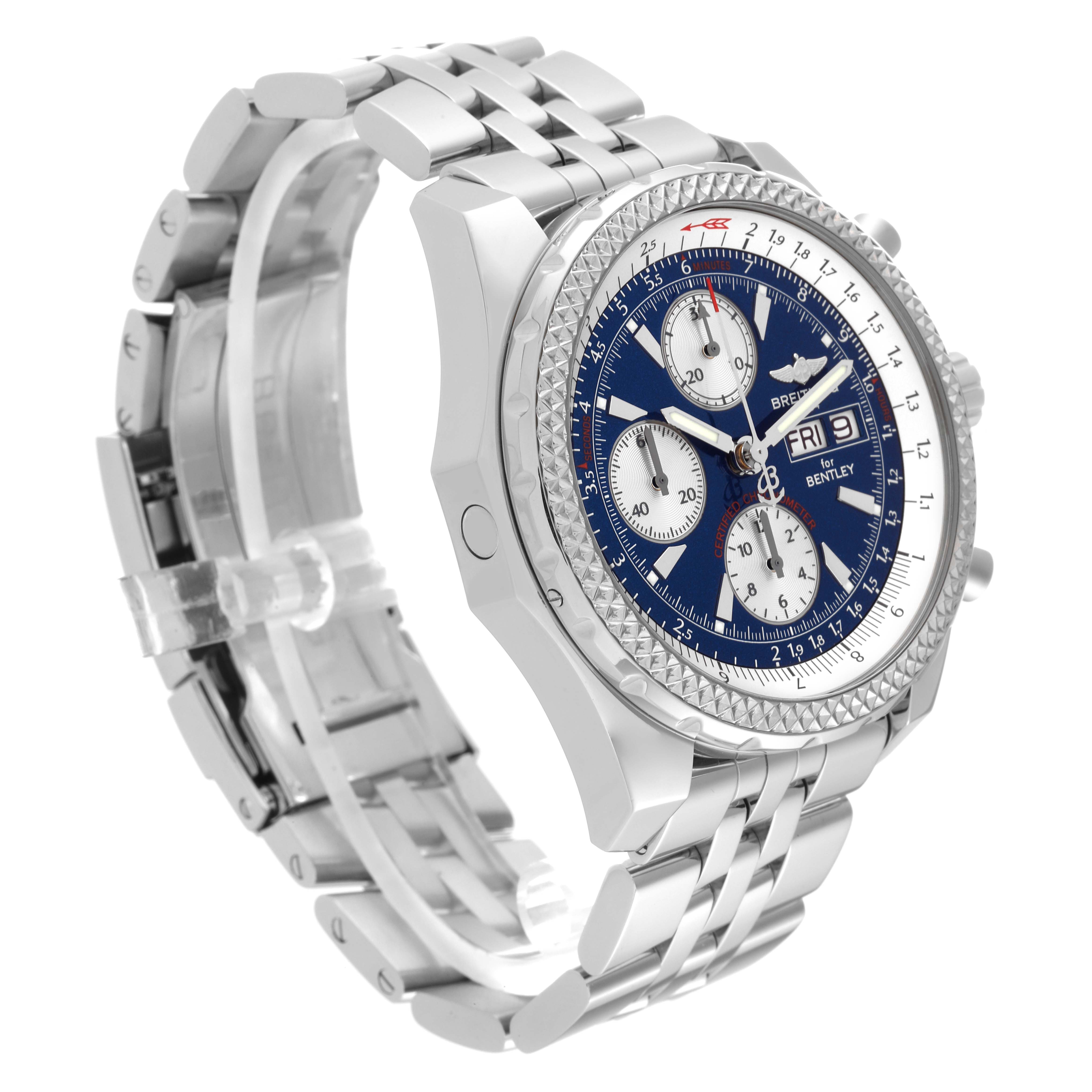 The image shows a Breitling Bentley A13362 Men's Stainless Steel Blue Dial A13362 Men's Stainless Steel Blue Dial watch at an oblique angle, highlighting the face, bezel, chronograph, and metal bracelet.