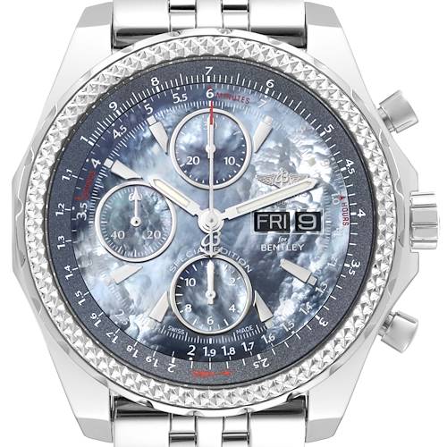 Front view of the Breitling Bentley A13362 Men's Stainless Steel Mother of Pearl Dial A13362 Men's Stainless Steel Mother of Pearl Dial watch displaying the dial, chronograph subdials, and date window.