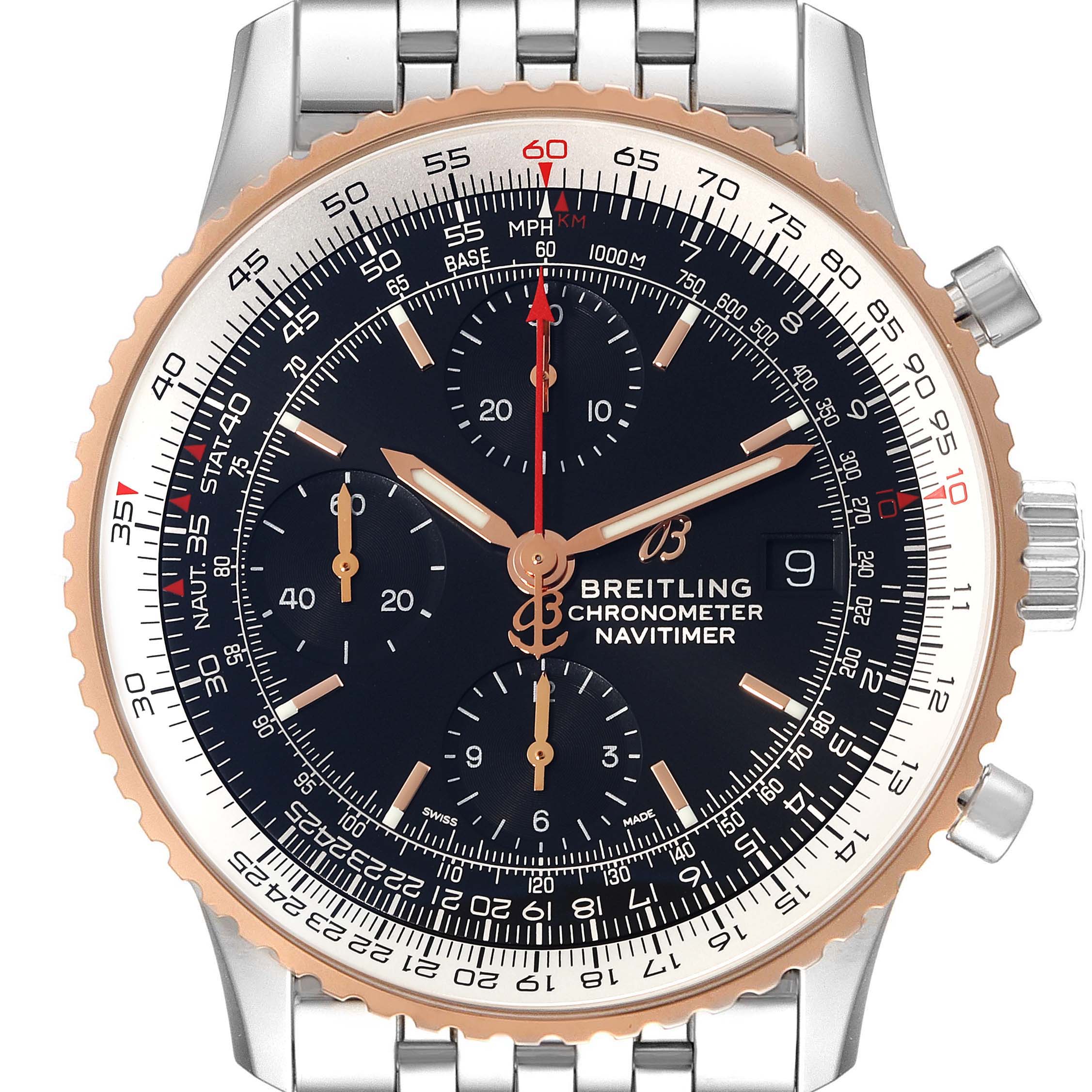 The image shows a front view of a Breitling Navitimer U13324211B1X1 Men's Steel and Gold (two tone) Black Dial U13324211B1X1 Men's Steel and Gold (two tone) Black Dial watch, including the face, bezel, and a part of the metal bracelet.