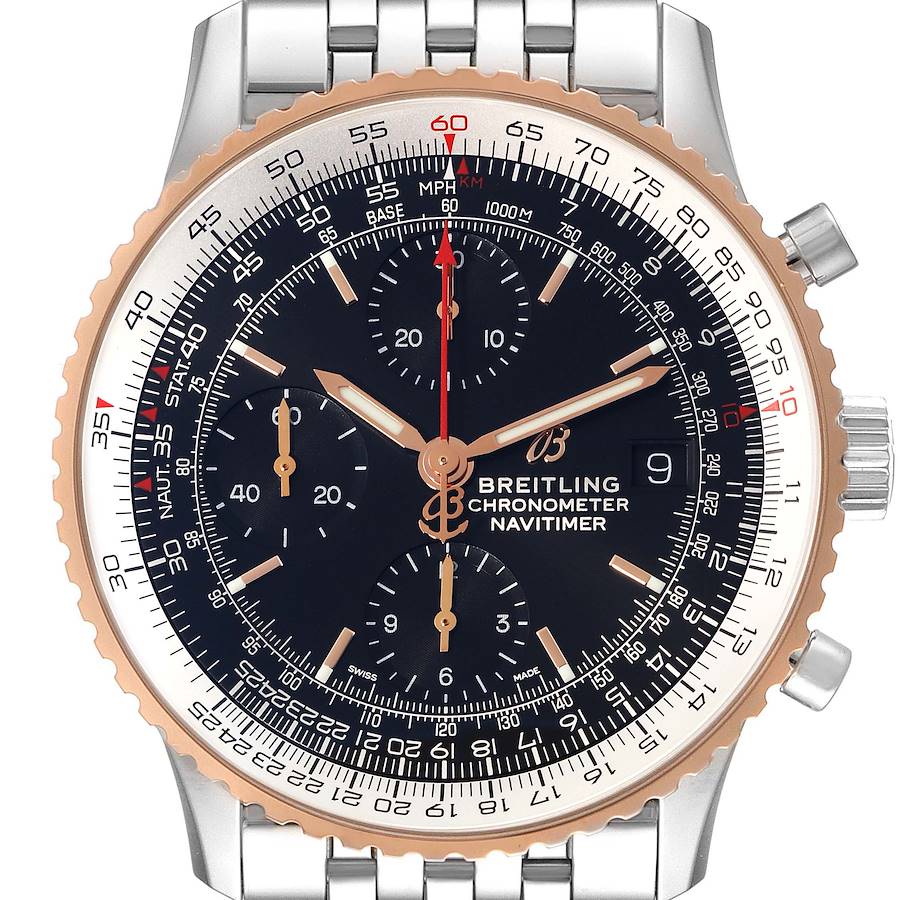 The image shows a front view of a Breitling Navitimer U13324211B1X1 Men's Steel and Gold (two tone) Black Dial U13324211B1X1 Men's Steel and Gold (two tone) Black Dial watch, including the face, bezel, and a part of the metal bracelet.