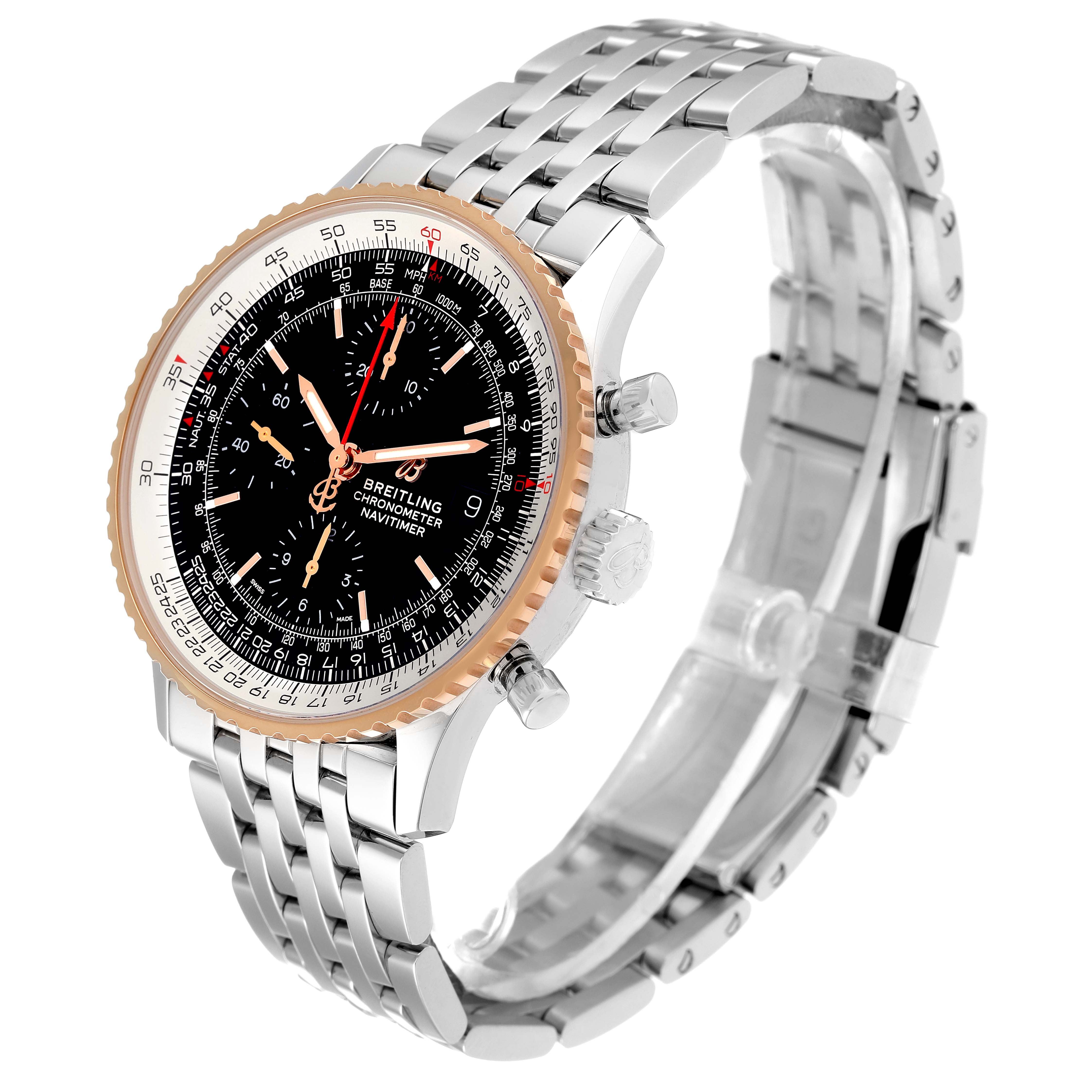 The image shows a side view of the Breitling Navitimer U13324211B1X1 Men's Steel and Gold (two tone) Black Dial U13324211B1X1 Men's Steel and Gold (two tone) Black Dial watch, highlighting its black dial, bezel, and metallic bracelet.