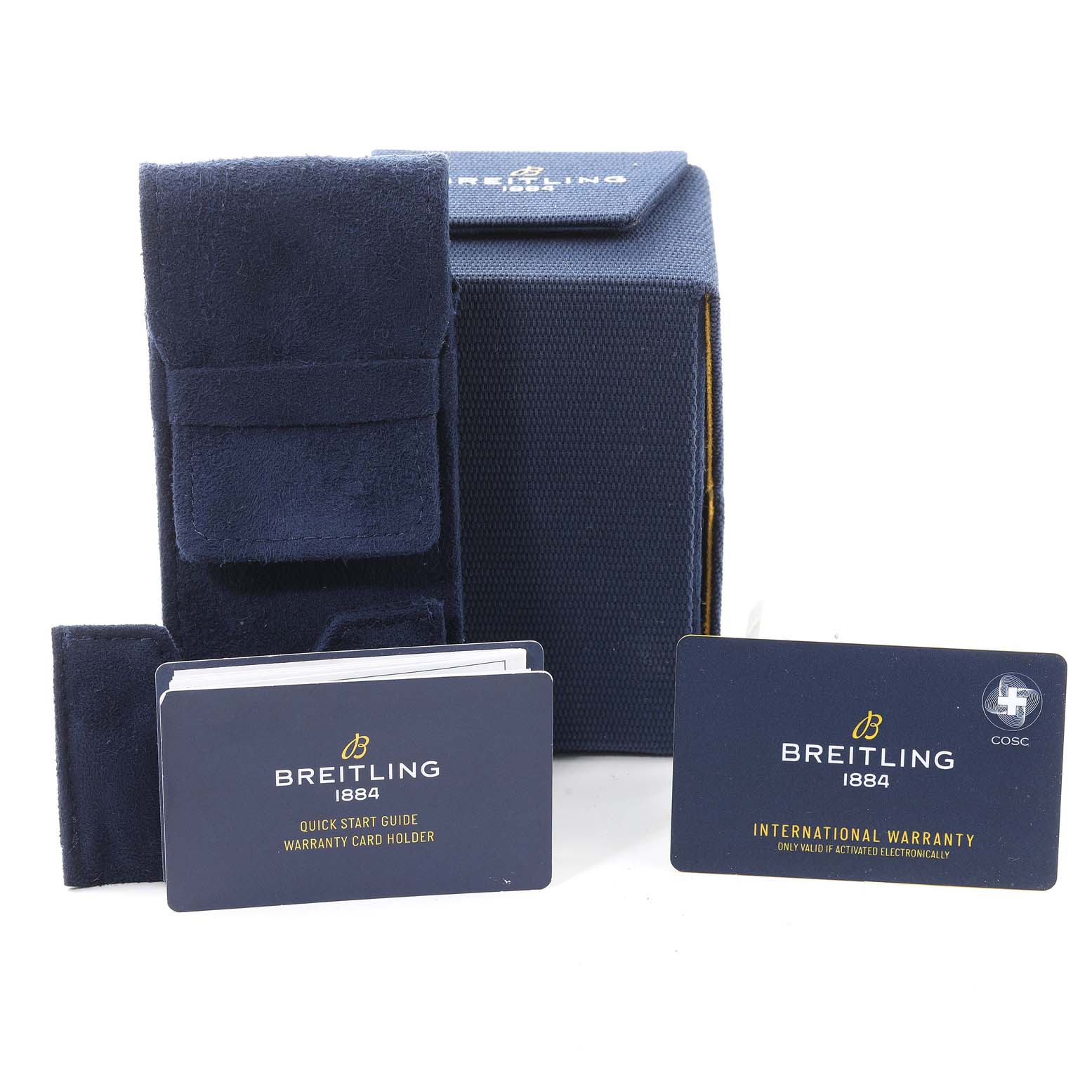 This image shows the packaging and paperwork for a Breitling Navitimer U13324211B1X1 Men's Steel and Gold (two tone) Black Dial U13324211B1X1 Men's Steel and Gold (two tone) Black Dial, including a warranty card, quick start guide, and card holder.