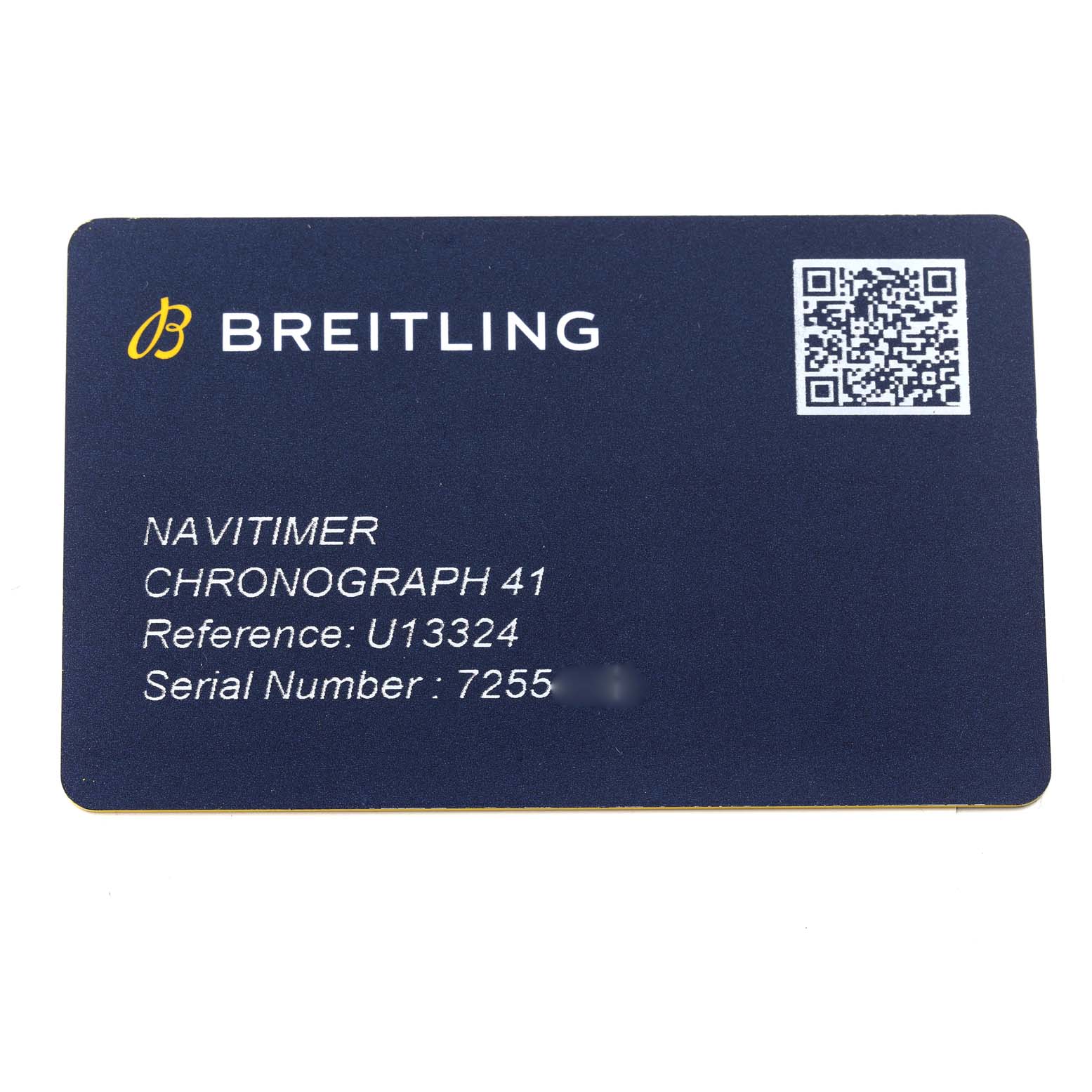 The image shows a warranty card for the Breitling Navitimer U13324211B1X1 Men's Steel and Gold (two tone) Black Dial U13324211B1X1 Men's Steel and Gold (two tone) Black Dial Chronograph 41, displaying its reference and serial number.