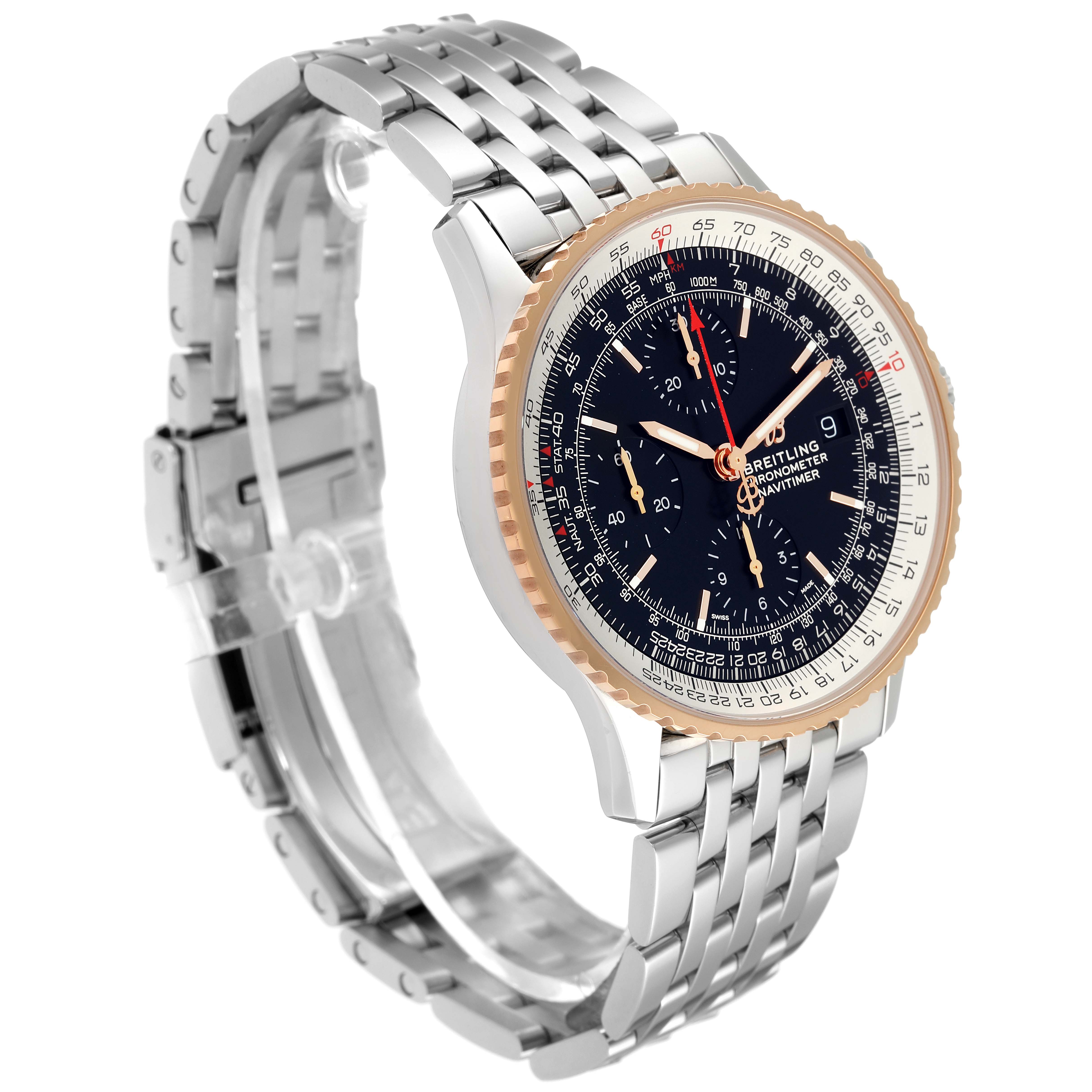 The Navitimer model by Breitling is shown at a three-quarter angle, displaying the dial, bezel, and stainless steel bracelet.
