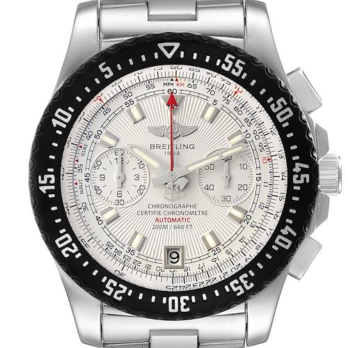 The image shows a front view of a Breitling Professional Series A27364 Men's Stainless Steel Silver Dial A27364 Men's Stainless Steel Silver Dial watch, displaying its dial, bezel, hands, subdials, and chronograph features.