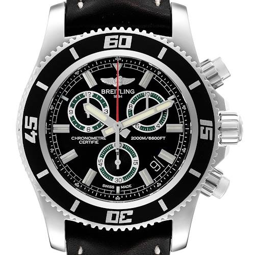 The image shows a front close-up view of the Breitling Superocean A73310 Men's Stainless Steel Black Dial A73310 Men's Stainless Steel Black Dial watch, highlighting its dial, bezel, and side crowns.