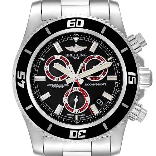 This image shows a frontal view of a Breitling Superocean A73310 Men's Stainless Steel Black Dial A73310 Men's Stainless Steel Black Dial watch, including its face, bezel, and bracelet.