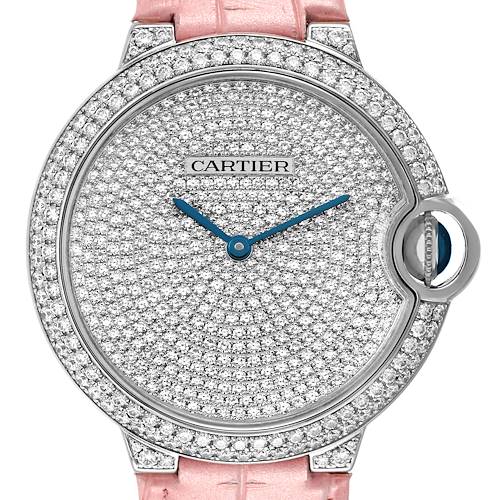 The image shows a front view of the Cartier Ballon Bleu WE902042 Women's White Gold Silver Dial WE902042 Women's White Gold Silver Dial watch with a diamond-encrusted face and pink leather strap.