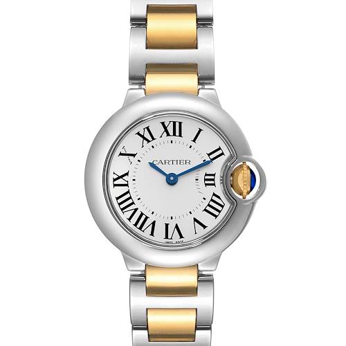 This image shows a frontal view of the Cartier Ballon Bleu W69007Z3 Women's Steel and Gold (two tone) Silver Dial W69007Z3 Women's Steel and Gold (two tone) Silver Dial watch, displaying the face, dial, and part of the bracelet.