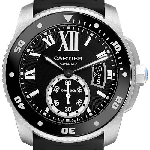 The image shows a front view of the Calibre de Cartier watch, highlighting the dial, bezel, crown, and strap attachment.