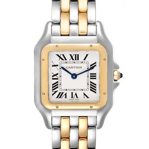 The image shows a front view of the Cartier Panthere W2PN0007 Women's Steel and Gold (two tone) Silver Dial W2PN0007 Women's Steel and Gold (two tone) Silver Dial model watch, displaying the face, bezel, and part of the bracelet.