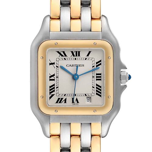 The image shows a close-up of the face and part of the band of a Cartier Panthere W25028B8 Women's Steel and Gold (two tone) Silver Dial W25028B8 Women's Steel and Gold (two tone) Silver Dial watch.