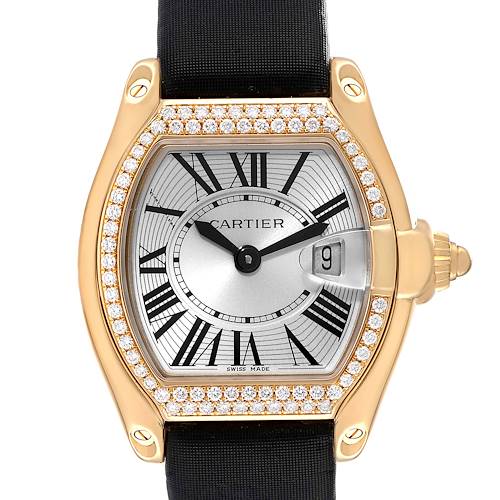 The Cartier Roadster WE500160 Women's Yellow Gold Silver Dial WE500160 Women's Yellow Gold Silver Dial watch is shown from the front, highlighting its face, dial, bezel encrusted with diamonds, and crown.