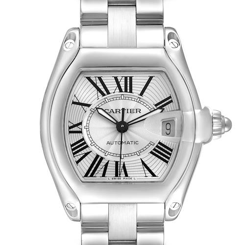 The Cartier Roadster W62025V3 Men's Stainless Steel Silver Dial W62025V3 Men's Stainless Steel Silver Dial watch is shown from a top-down angle, featuring the face, bezel, and part of the bracelet.