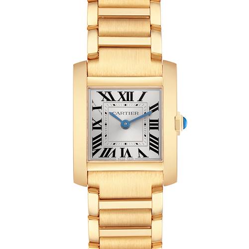 The Cartier Tank Francaise WGTA0344 Women's Yellow Gold Silver Dial WGTA0344 Women's Yellow Gold Silver Dial watch is shown from the front, displaying its rectangular face, Roman numerals, and gold bracelet.