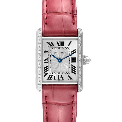 The image shows a front view of the Cartier Tank Louis WJTA0011 Women's White Gold Silver Dial WJTA0011 Women's White Gold Silver Dial watch, highlighting its rectangular dial, diamond-encrusted bezel, and pink leather strap.