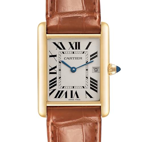 The Cartier Tank Louis W1529756 Men's Yellow Gold Silver Dial W1529756 Men's Yellow Gold Silver Dial watch is shown from a top-down angle, displaying the dial, bezel, crown, and part of the strap.