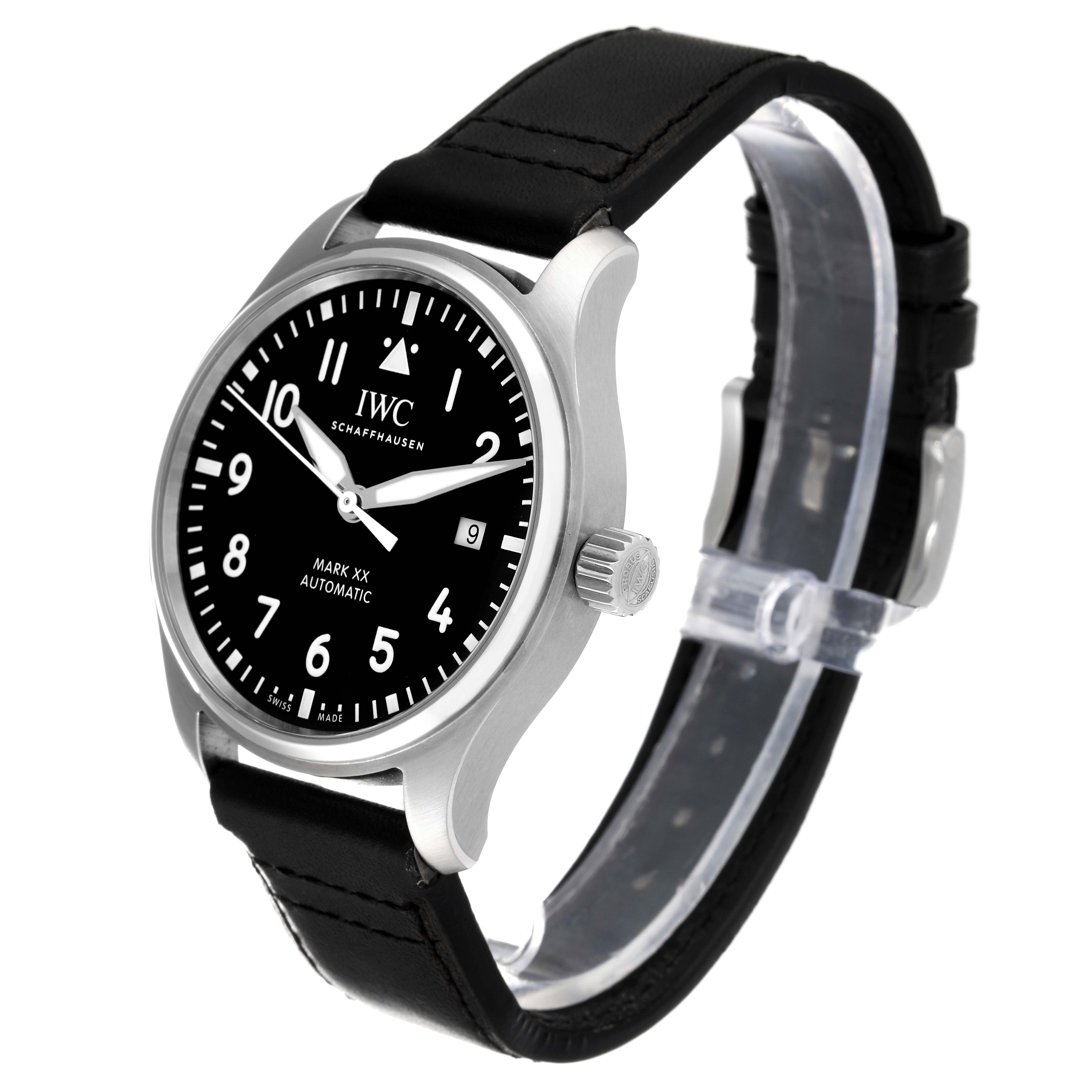 This image shows a side angle of the IWC Pilot IW328201 Men's Stainless Steel Black Dial IW328201 Men's Stainless Steel Black Dial Mark XX Automatic watch, featuring its dial, crown, and leather strap.