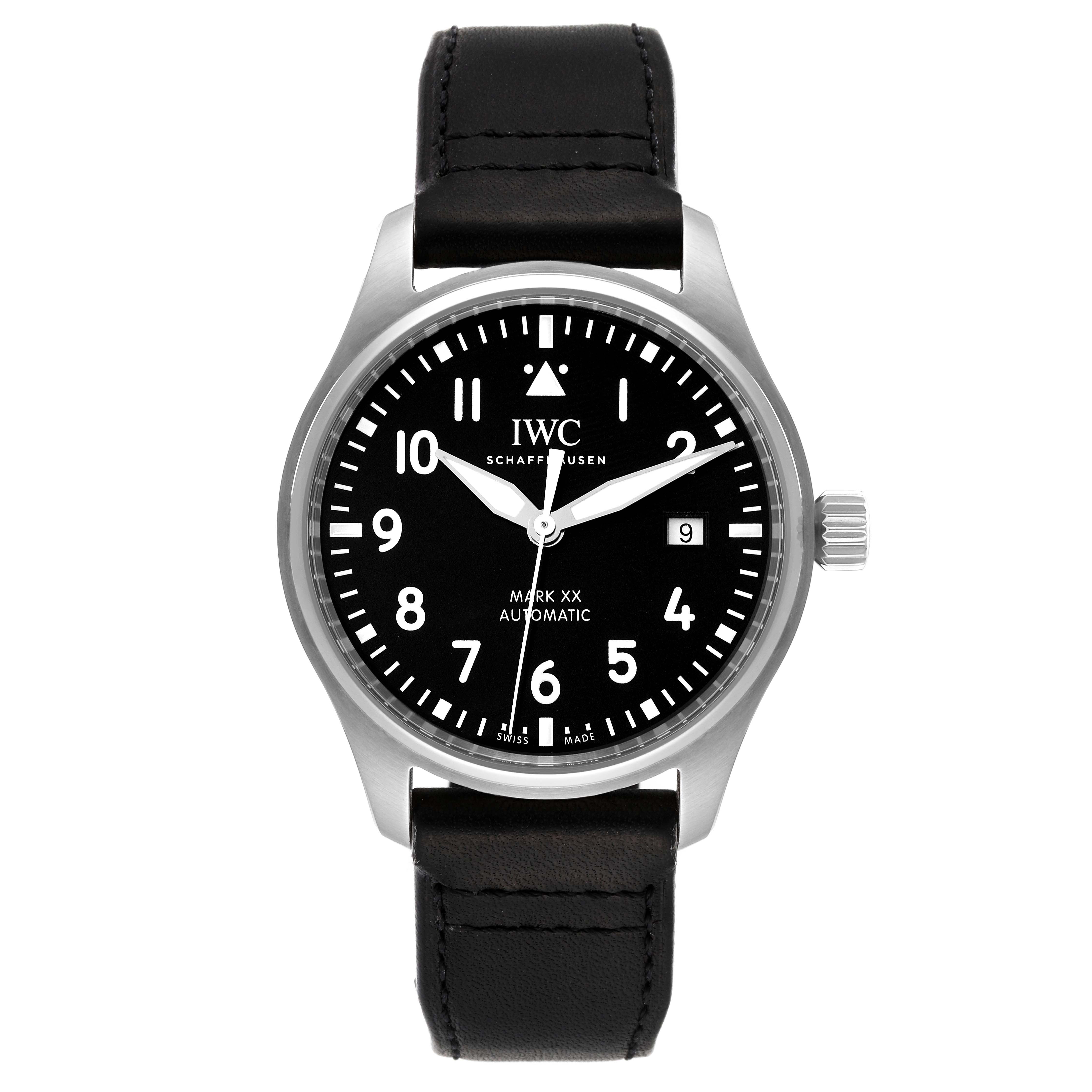 This image shows the front view of the IWC Pilot IW328201 Men's Stainless Steel Black Dial IW328201 Men's Stainless Steel Black Dial Mark XX Automatic watch, displaying its black dial, hands, and date window.