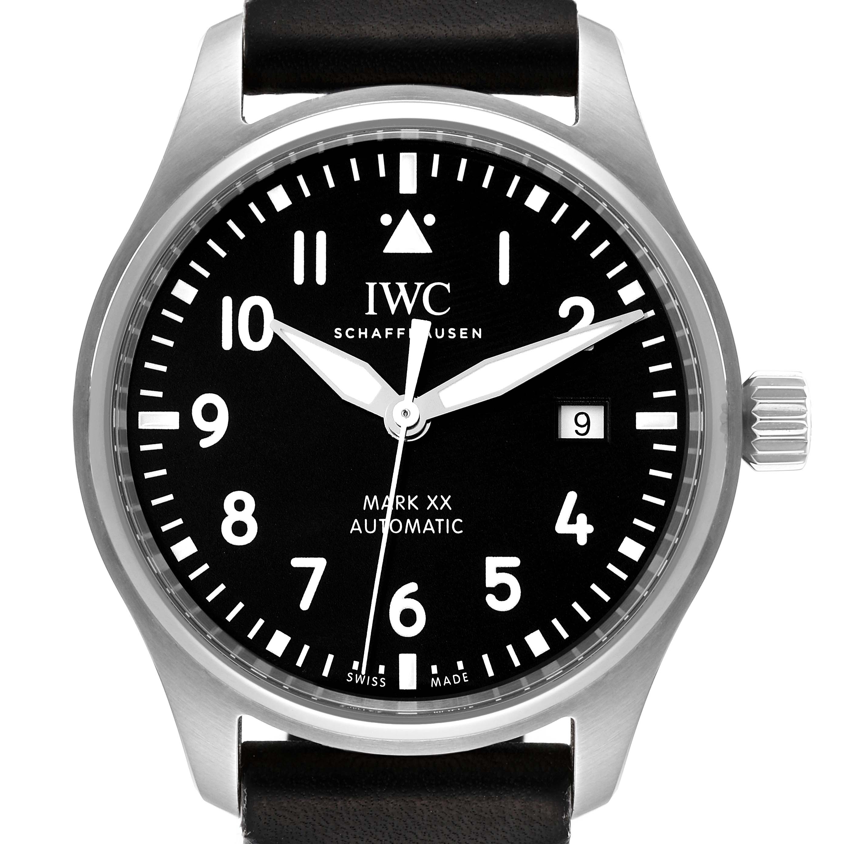 The image shows a front view of the IWC Pilot IW328201 Men's Stainless Steel Black Dial IW328201 Men's Stainless Steel Black Dial Mark XX Automatic watch, displaying its dial, bezel, crown, and strap.