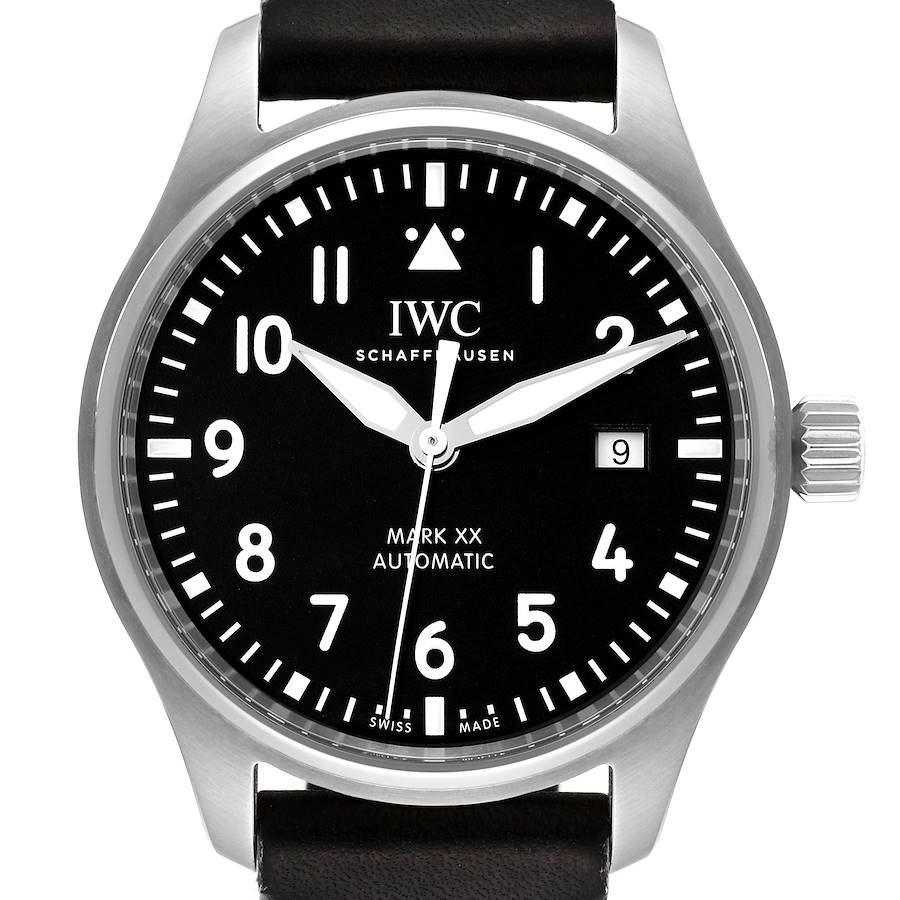 The image shows a front view of the IWC Pilot IW328201 Men's Stainless Steel Black Dial IW328201 Men's Stainless Steel Black Dial Mark XX Automatic watch, displaying its dial, bezel, crown, and strap.