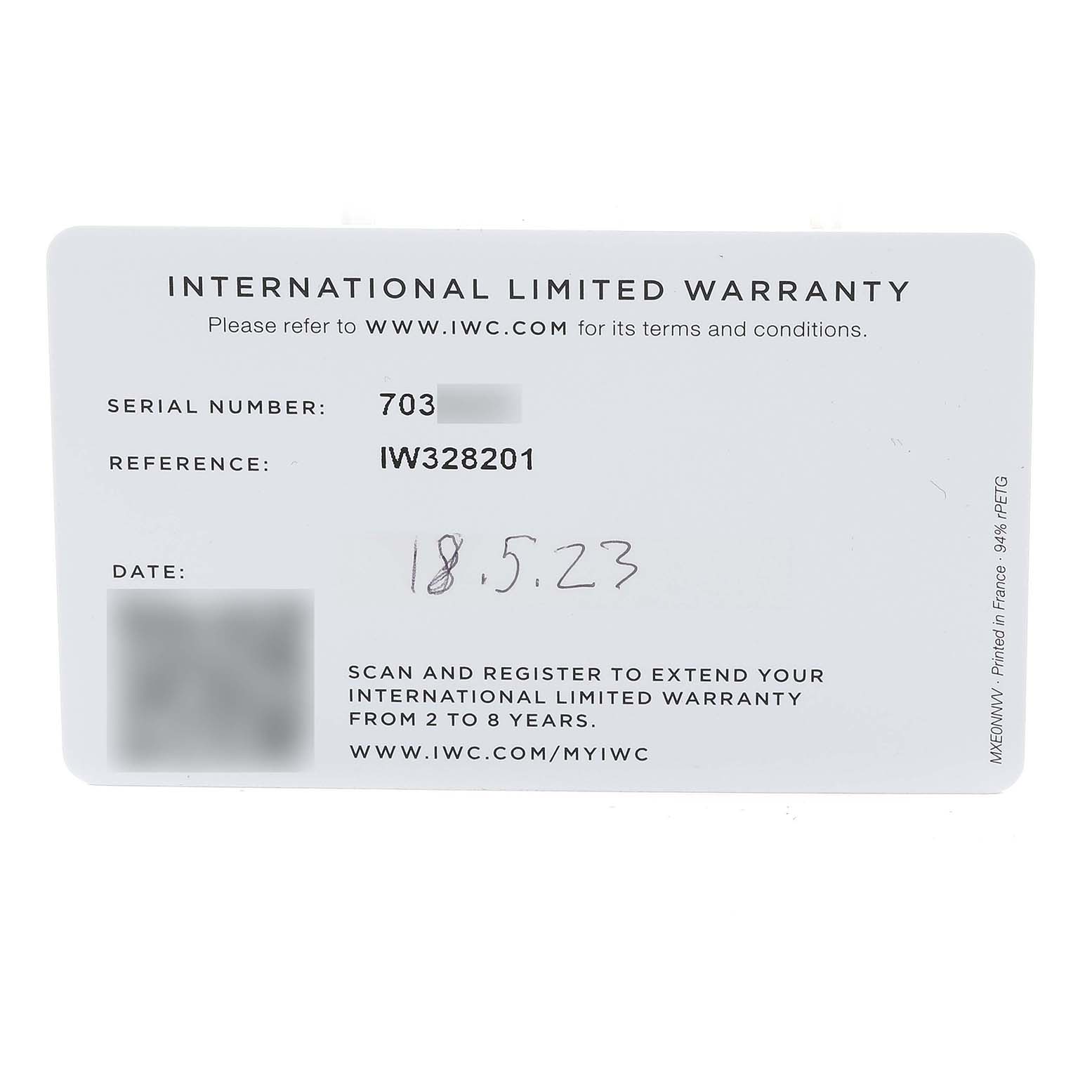 The image shows the International Limited Warranty card for an IWC Pilot IW328201 Men's Stainless Steel Black Dial IW328201 Men's Stainless Steel Black Dial model watch, including the serial number, reference, and date.