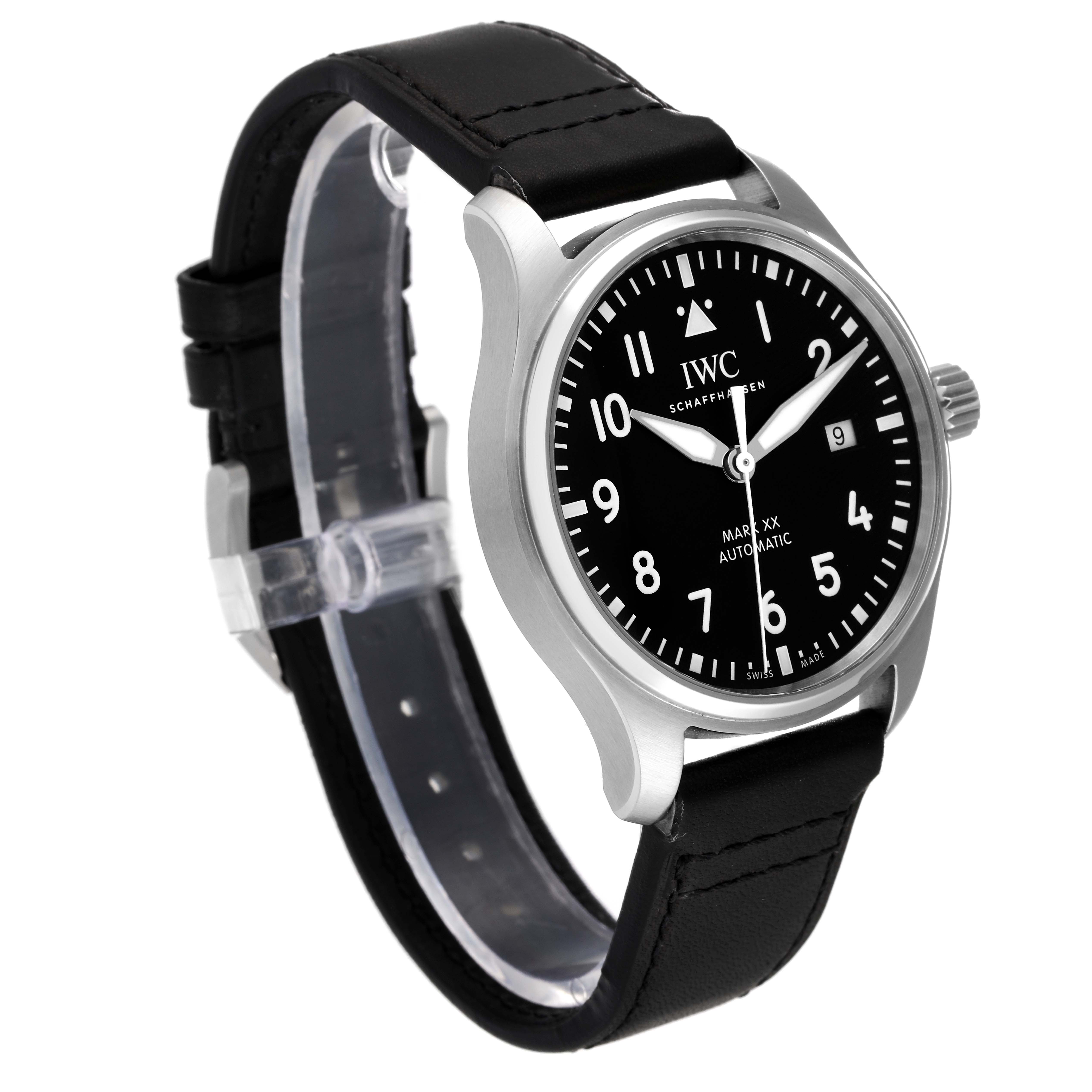 The image shows a side angle of an IWC Pilot IW328201 Men's Stainless Steel Black Dial IW328201 Men's Stainless Steel Black Dial Mark XV Automatic watch, highlighting its black dial, black strap, and stainless steel case.
