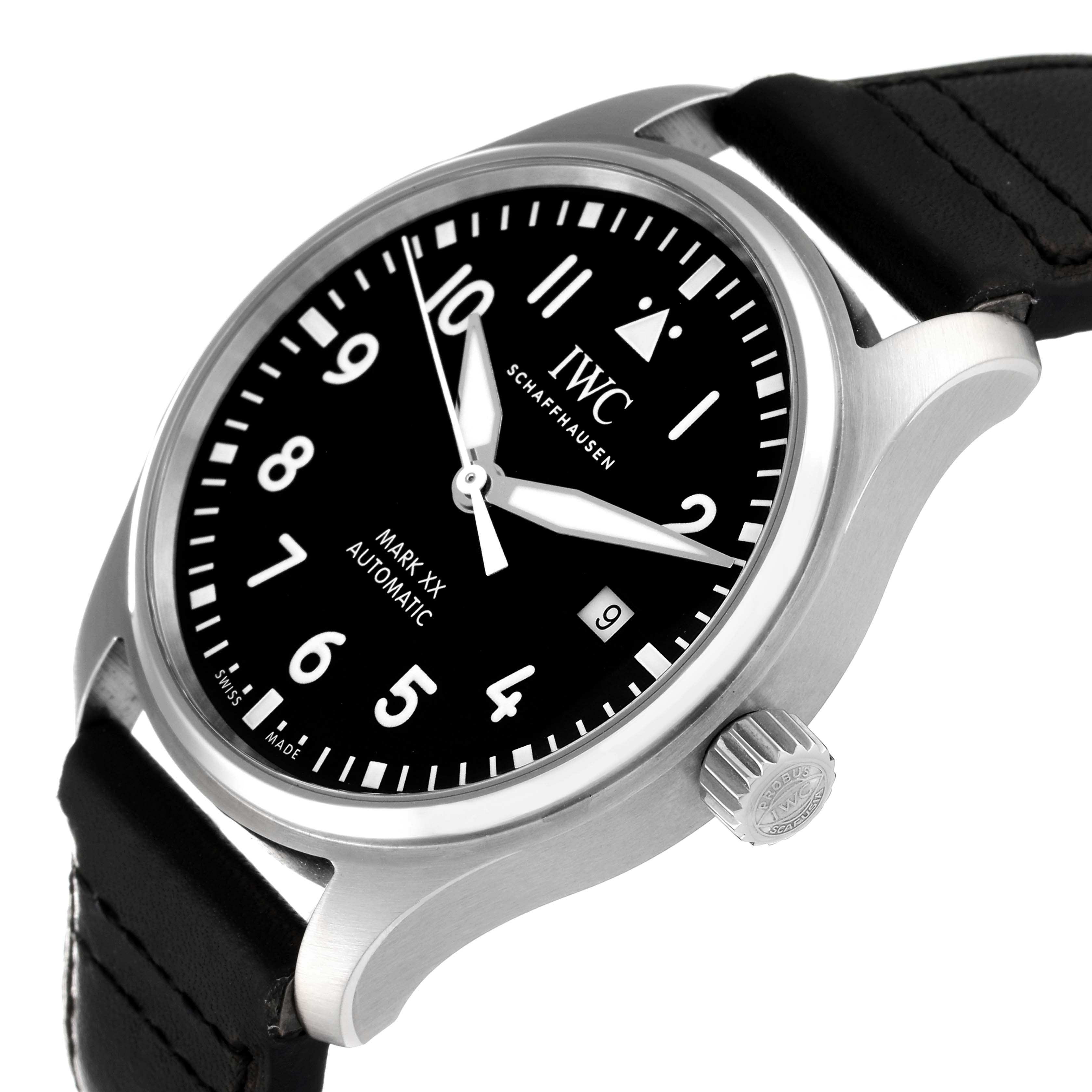 The IWC Pilot IW328201 Men's Stainless Steel Black Dial IW328201 Men's Stainless Steel Black Dial model watch is shown at an angled view, featuring its black dial, crown, and partial leather strap.