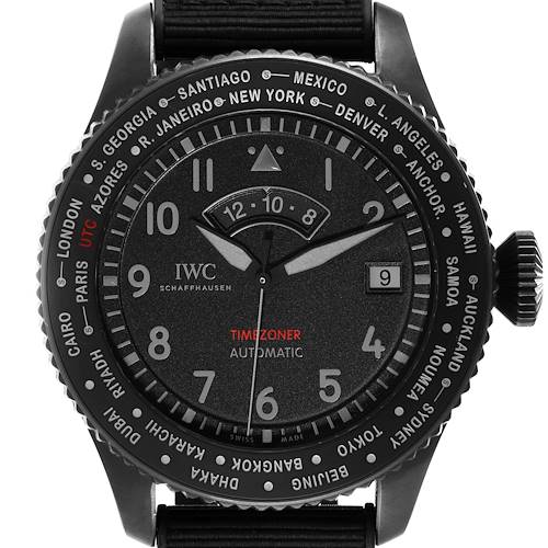 The IWC Pilot IW395505 Men's Ceramic Black Dial IW395505 Men's Ceramic Black Dial model watch is shown from a front angle, displaying the face and bezel with various time zones.