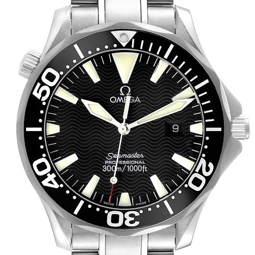This image shows a front view of the Omega Seamaster 2264.50.00 Men's Stainless Steel Black Dial 2264.50.00 Men's Stainless Steel Black Dial watch, highlighting its black wavy dial, rotating bezel, hands, markers, and date display.